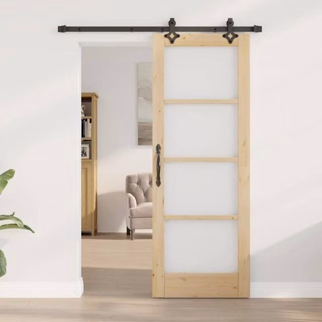Berkfield Home Sliding Door with Hardware Set in Beige Solid Wood Pine, W: 73.5 cm, H: 198.5 cm – 1