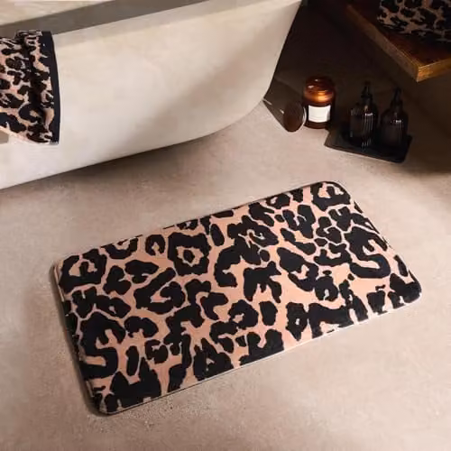 OHS Leopard Print Non-Slip Bath Mat, Black and Beige, W: 45 cm, D: 75 cm
