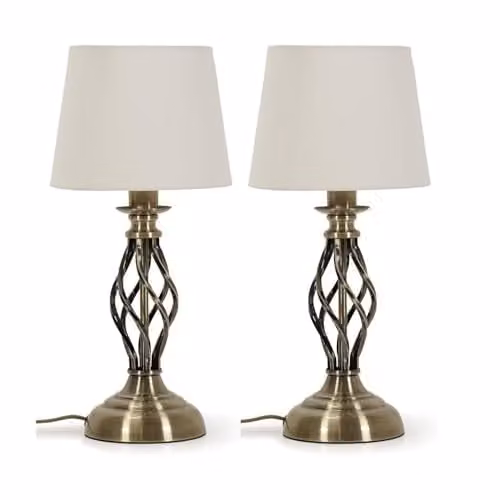 ValueLights Set of 2 Antique Brass Table Lamps with White Fabric Lampshades – 1