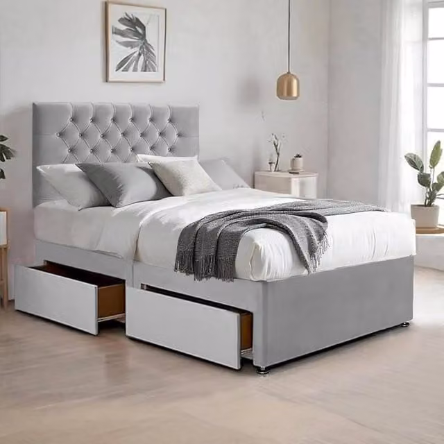 Bed Time UK Single Plush Velvet Bed with Mattress, 2 Drawers and 20 inch Chesterfield Headboard in Silver, W/D/H: 90 x 190 x 50.8 cm – 1