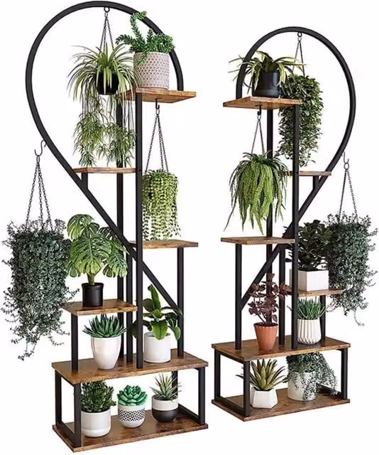 Havendro 2-Piece XL Black Metal and Wood Hanging Plant Rack for Outdoor Gardens and Terraces – 1