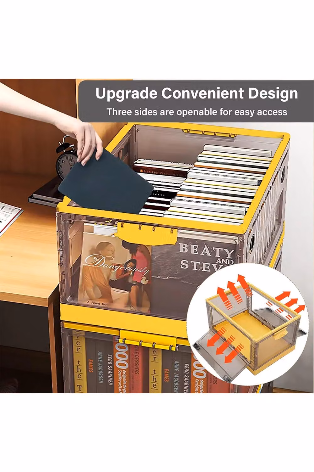 Living and Home 3 Pack of Medium Collapsible and Stackable Clear Plastic Storage Boxes with Lids and Handles in Yellow – 3