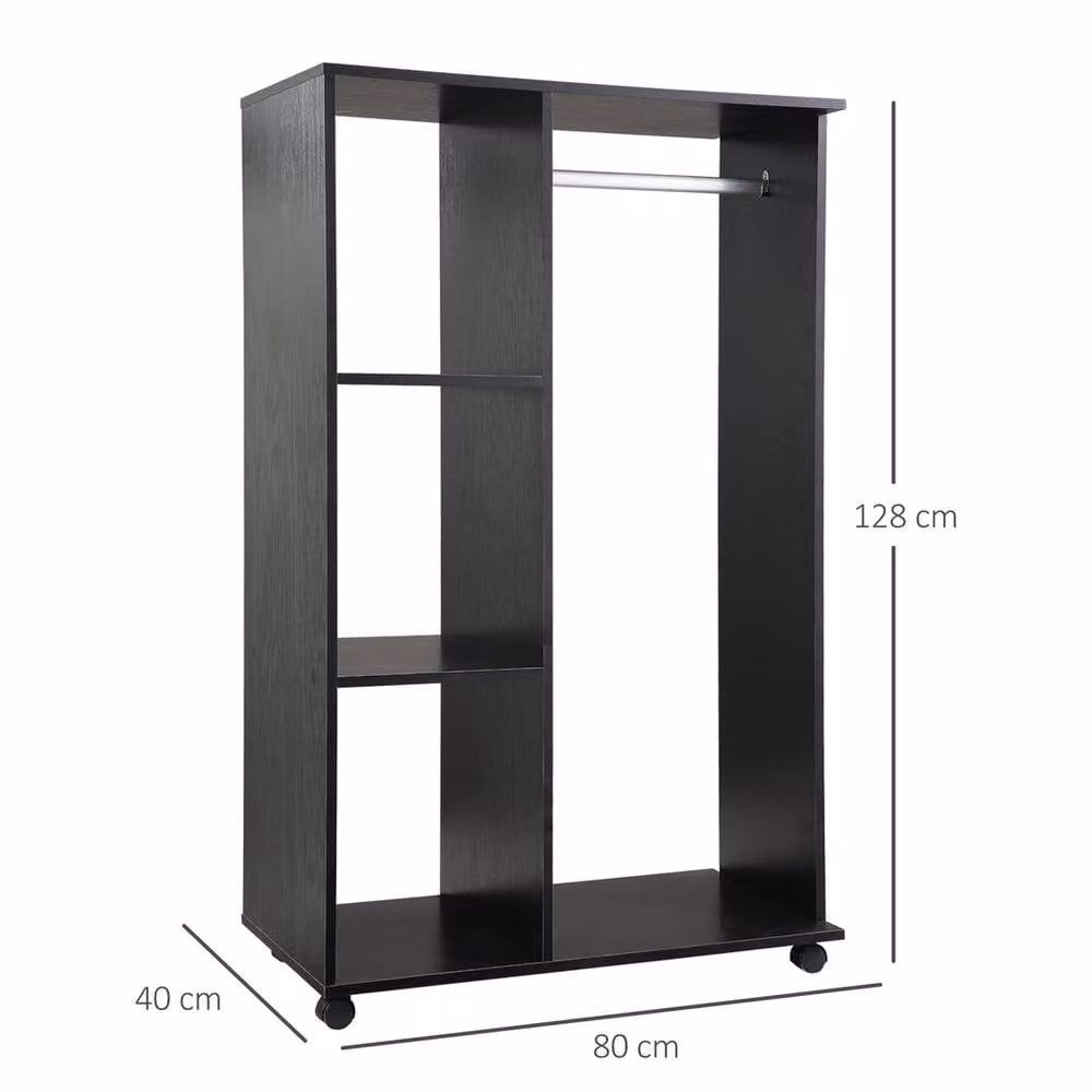 KORVIXA Black Modern Open Wardrobe on Wheels with Continuous Linear Rail, W: 100 cm, H: 128 cm – 2