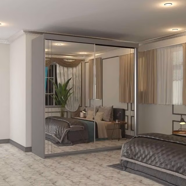 Sliding Wardrobes 4U Modern Grey Full Mirror Sliding Wardrobe with Internal Drawers and Shelves, Width: 203 cm