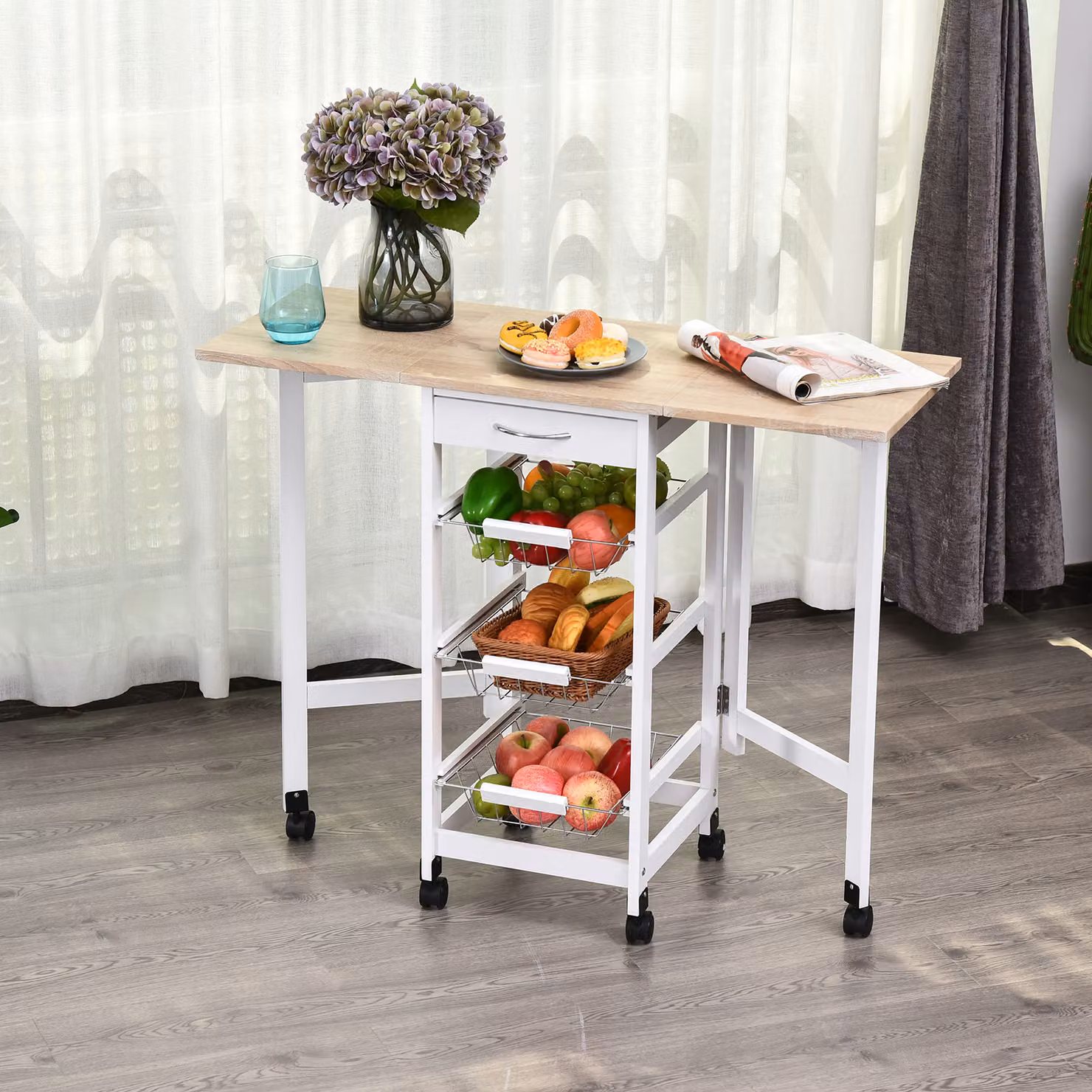 HOMCOM Drop-Leaf Kitchen Trolley with 3 Baskets and Rolling Storage Unit in White Oak Tone – 2