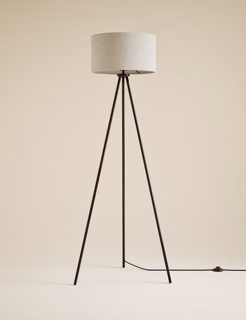 M&S Modern Metal Tripod Floor Lamp with Fabric Cylinder Shade in Black