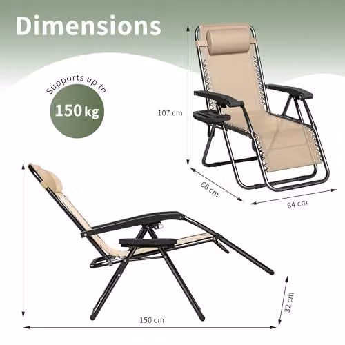 MCC Direct Set of 2 Zero Gravity Reclining Sun Loungers with Cream Textilene Fabric and Black Powder Coated Steel Frame – 3