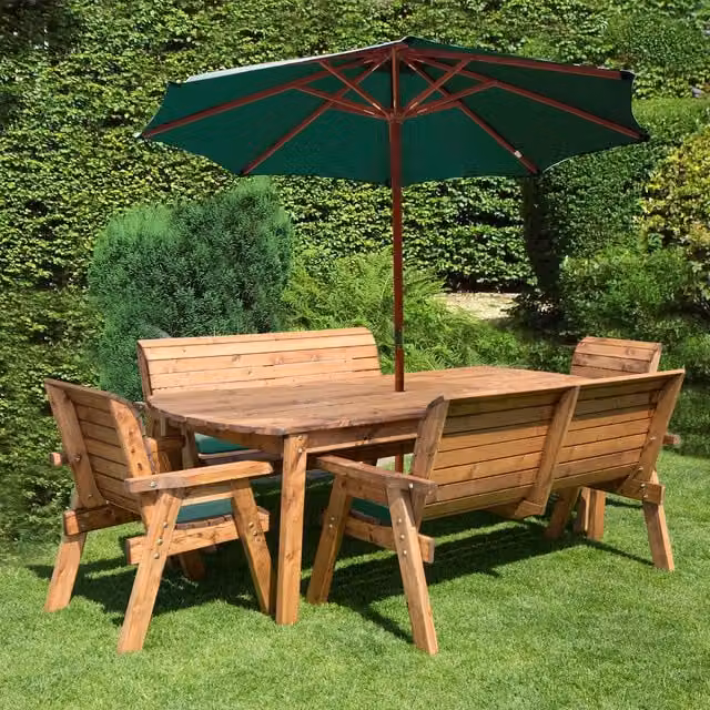 Charles Taylor Eight Seater Rectangular Garden Dining Set with Bench and Chairs in Rustic Red and Brown Treated Hardwood