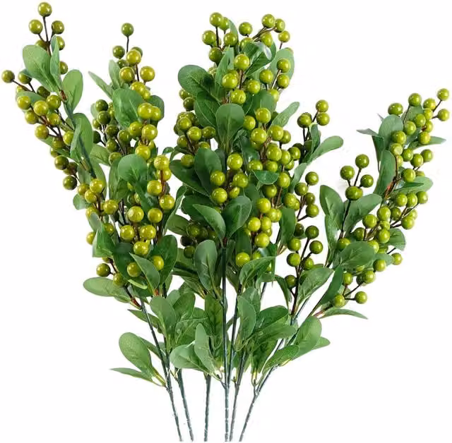 Dyzi Pack of 6 Green Berry Stems with Plastic Leaves in Green