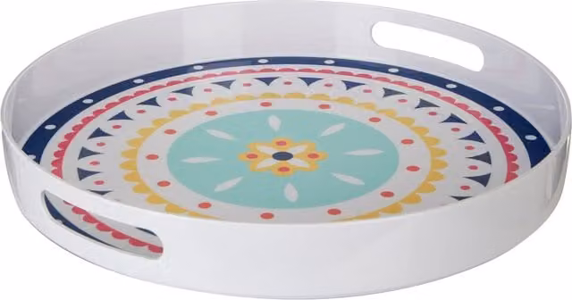 Orsina Floral Round Melamine Serving Tray with Handles, Multicolour and White
