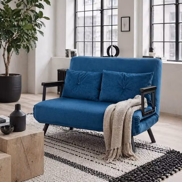 Wyld Haus Lenasu Nasa 4 in 1 Blue Velvet Double Sofa Bed with Cushions, W/D/H: 140 x 200 cm – 1