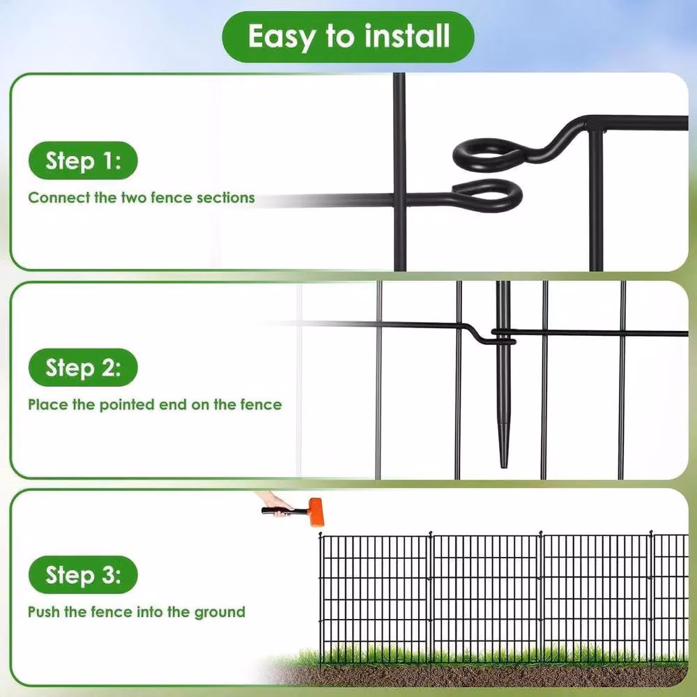 PAWNORA 4 Panel No Dig Metal Garden Fence with Gate in Black, H: 71 cm, W: 101 cm – 5