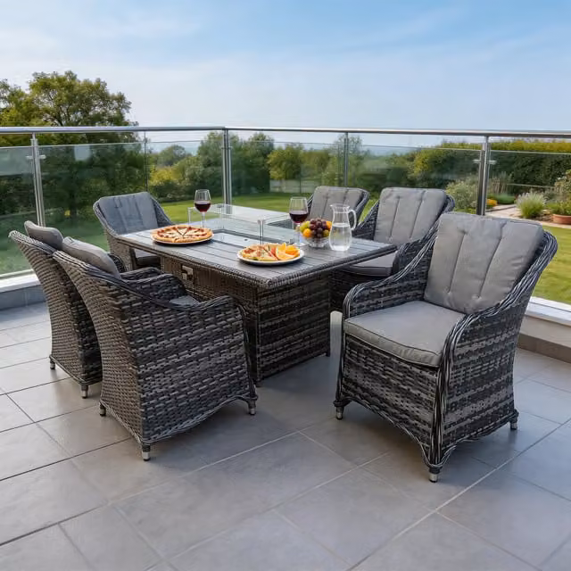 Furniture One 6 Seater Grey Rattan Garden Furniture Set with Rectangular Fire Pit Table and 6 Armchairs