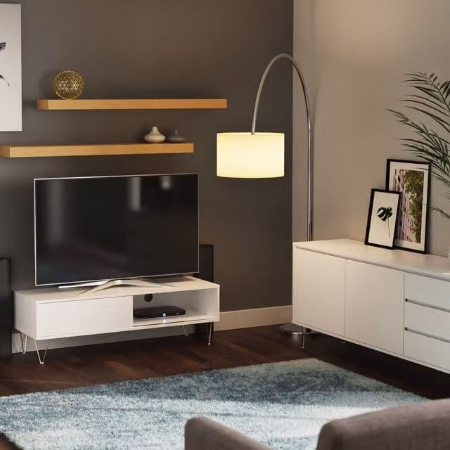 Timber Art Design Modern White and Gold TV Cabinet with Sliding Doors, W/D/H: 120 x 40 x 38.5 cm