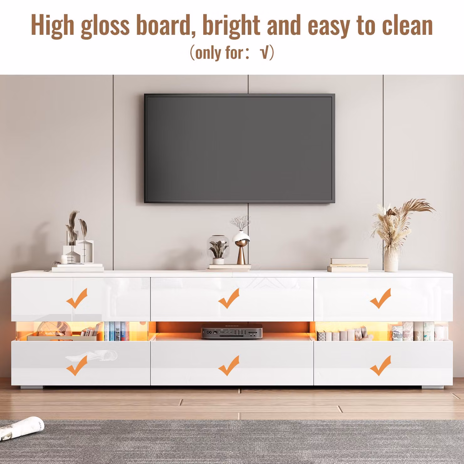 Aosom UK High-Gloss Modern LED TV Cabinet with App-Controlled Lighting and 2 Open Shelves, White, W: 160 cm, D: 38 cm, H: 50.5 cm – 3