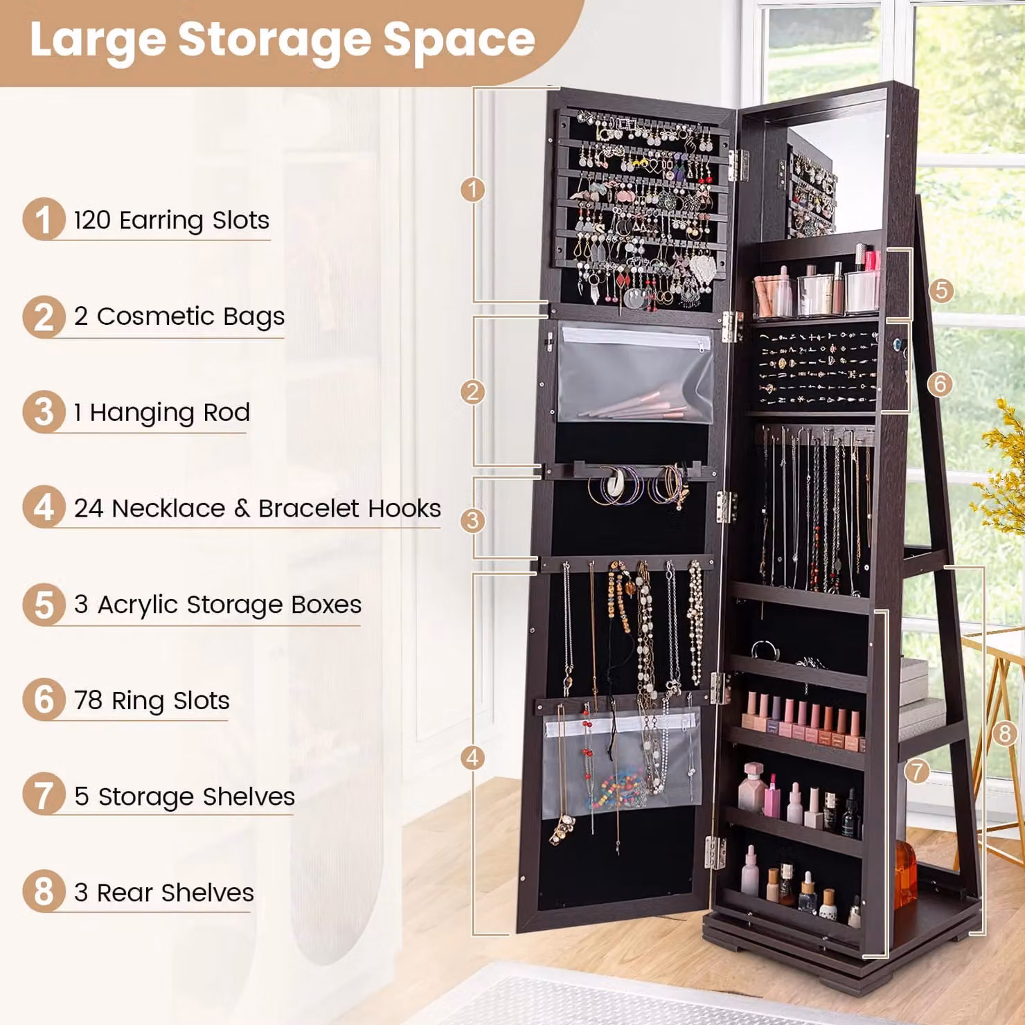 Gymax 360 Rotating Jewelry Armoire with Full Length Mirror in Brown – 6