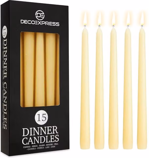 Deco Express Classic Dripless Tapered Unscented Metallic Candles in Ivory and Beige, 15 Pack