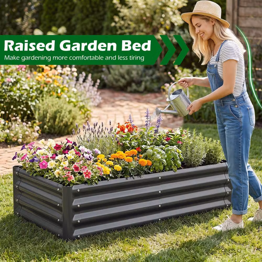 Costway Galvanised Steel Raised Garden Bed Metal Planter Box, Grey, W: 123 cm, D: 64 cm, H: 29 cm – 5