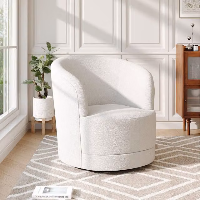 Komore White Bouclé Fabric Swivel Tub Chair