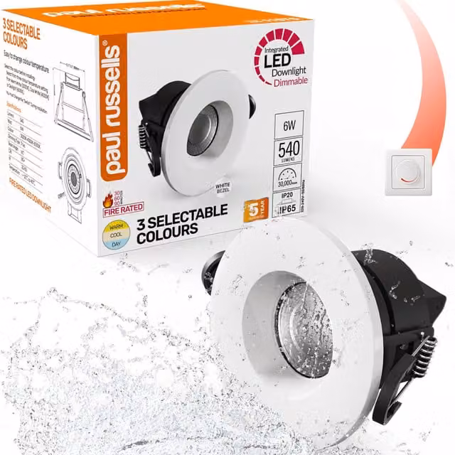 Paul Russells White Fire Rated LED Recessed Downlight, 6W, 540lm, IP65, Dimmable, Adjustable CCT
