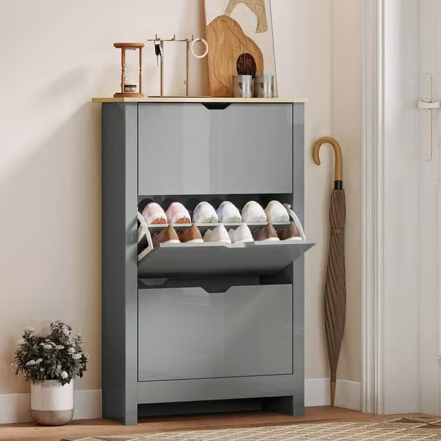HOMCOM 16-Shoe Storage Cabinet with 4 Shelves and 4 Drawers in White and Light Grey