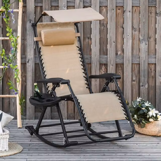 Outsunny Brown Folding Garden Rocking Recliner with Sun Canopy, Side Tray and Cushions