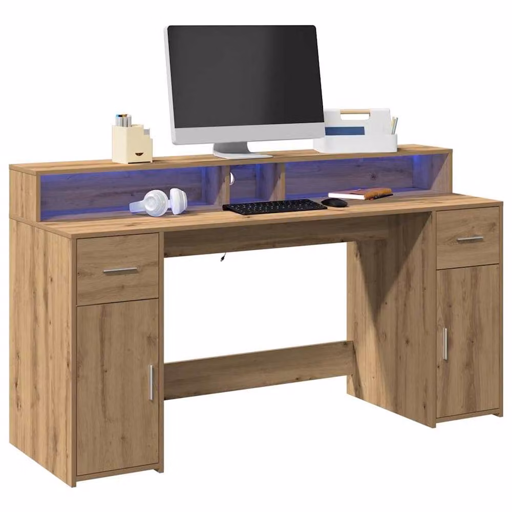Berkfield Home Soft Gaming Desk with LED Lights in Artisan Oak Brown, W/D/H: 160 x 55 x 91 cm – 2