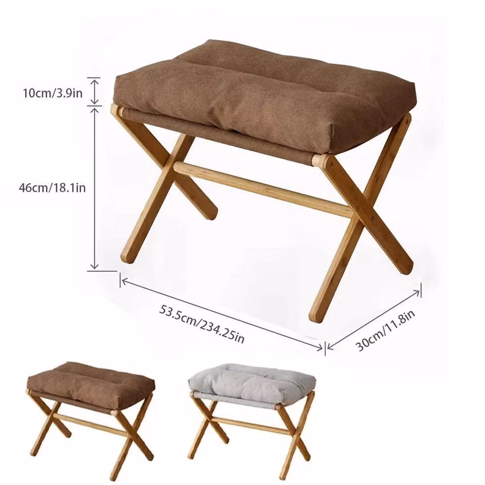 FORGEVIO Foldable Rectangular Desk Foot Stool with Padded Fabric Seat and Bamboo Wood Frame in Brown – 2