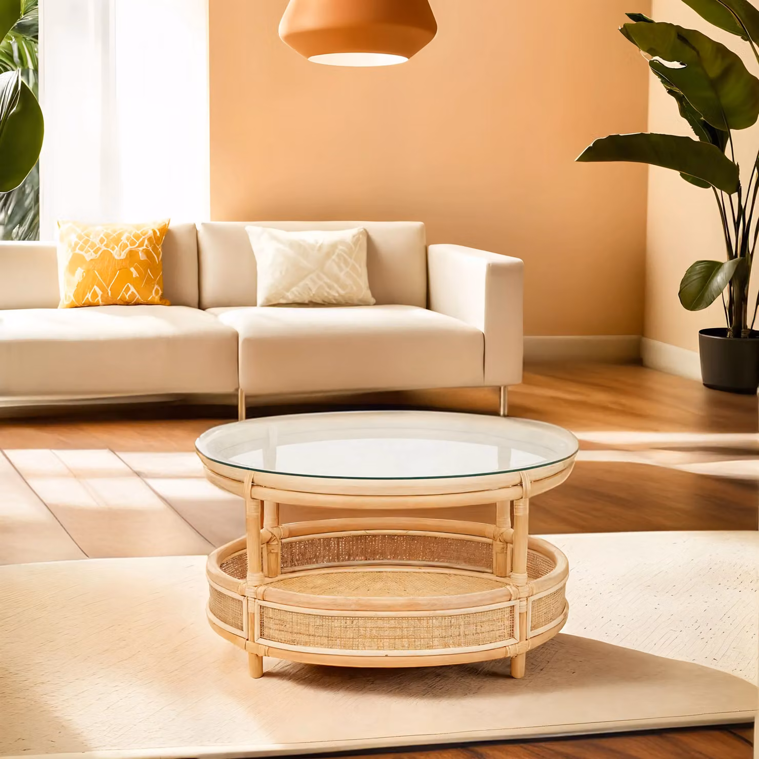 Orsina Round Rattan Coffee Table with Glass Top in Natural – 2