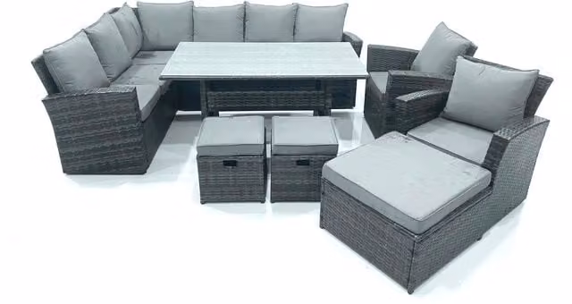 Fimous Rattan Corner Sofa Garden Dining Set with 2 Armchairs and 3 Footstools in Dark Grey