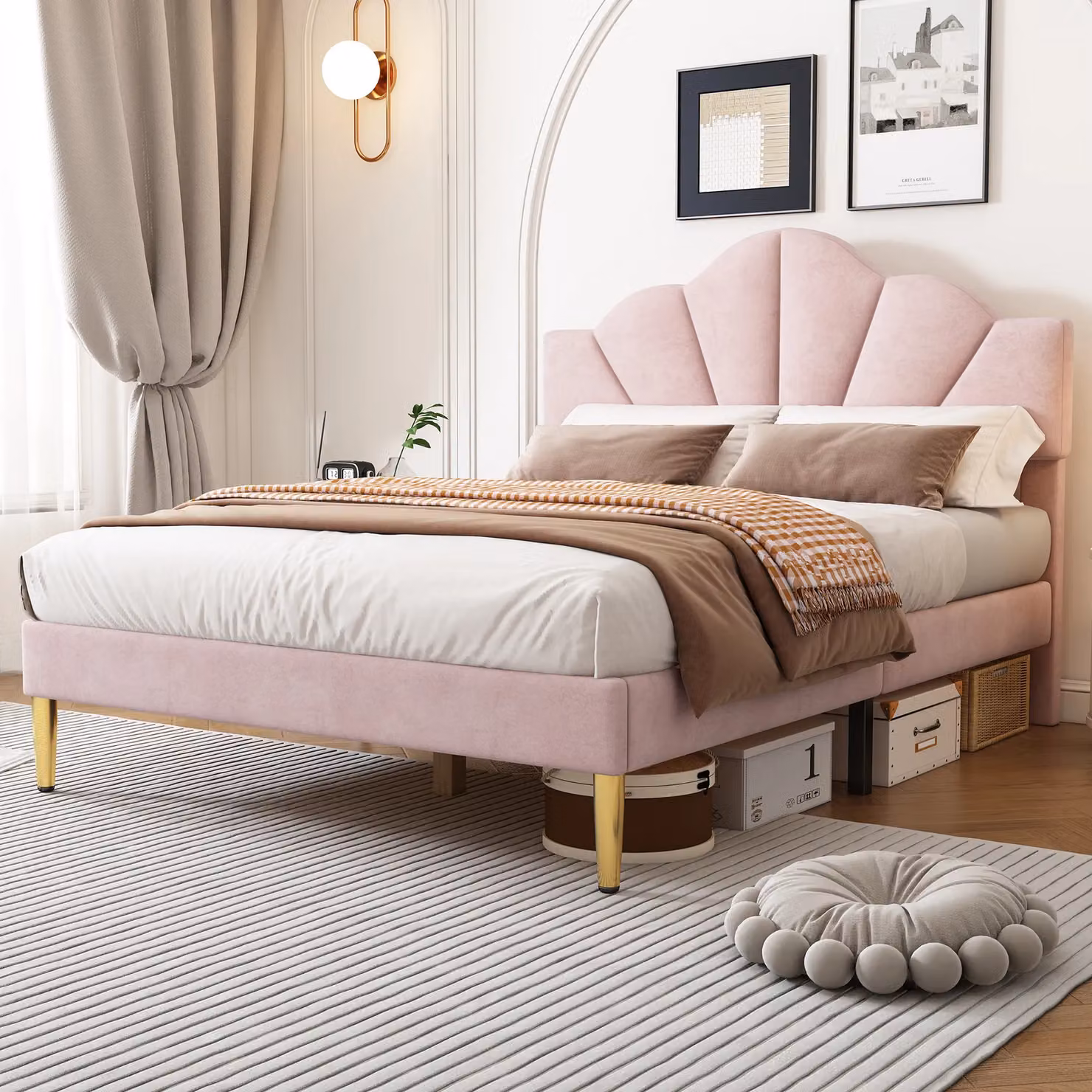 Matteo Pink Velvet Upholstered Double Bed with Adjustable Headboard and Drawers, W: 140 cm, L: 200 cm – 2
