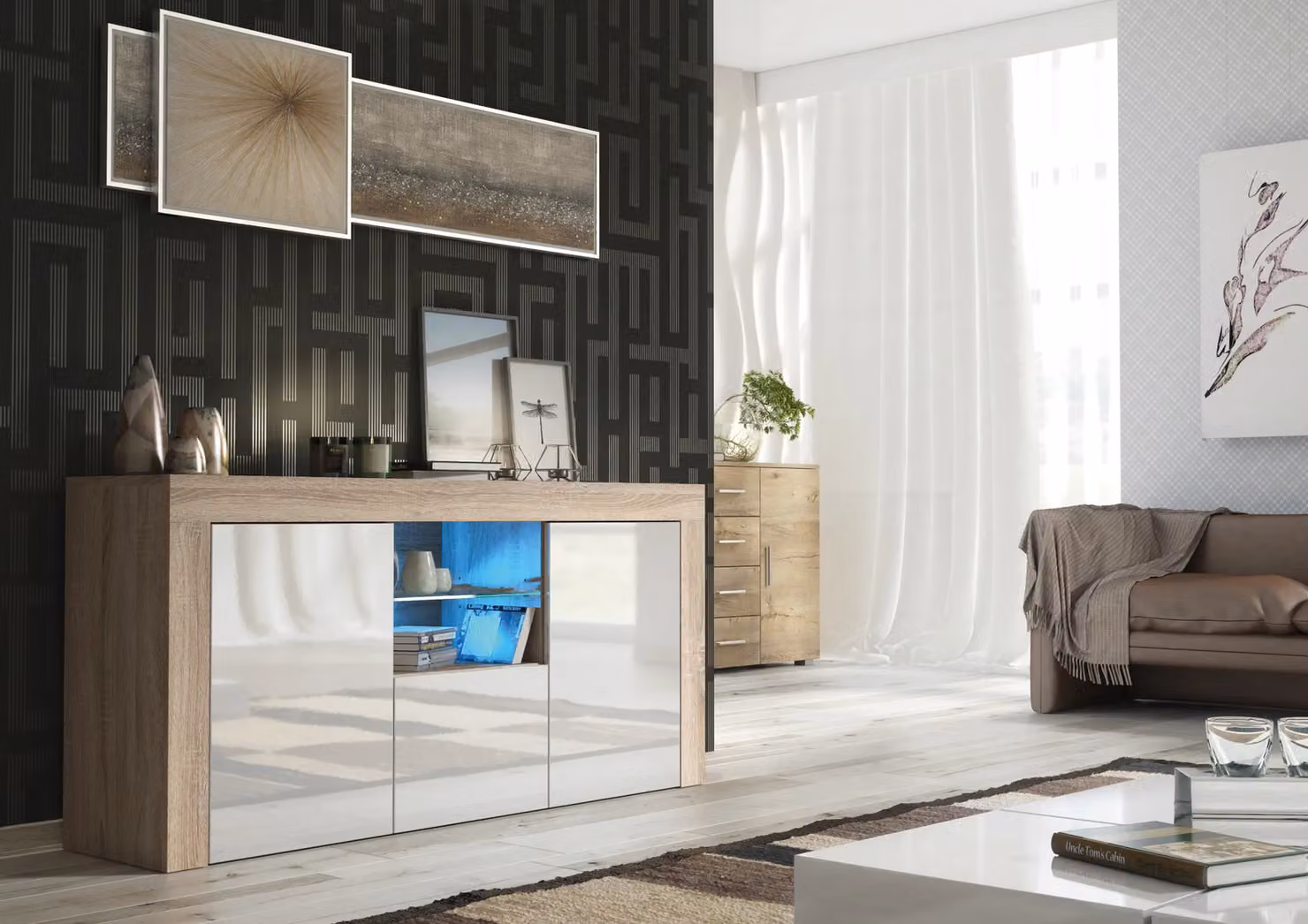Mex Furniture LTD Modern Glossy Sideboard with LED Lighting in Light Oak, W: 145 cm, H: 70 cm, D: 35 cm – 3