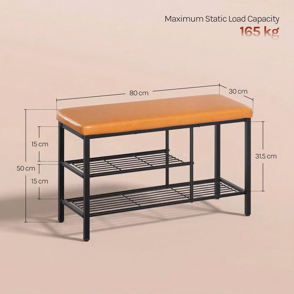 FORGEVIO Shoe Bench Stool and Storage Rack with Synthetic Leather Seat in Brown and Multicolour, W/D/H: 80.0 x 31.5 x 31.5 cm – 2