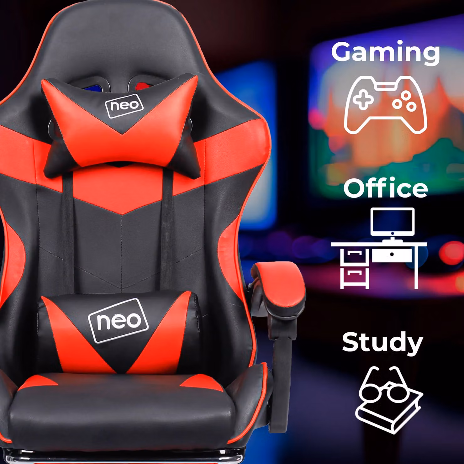 Neo Red Synthetic Leather Gaming Chair with Footrest and Headrest – 3