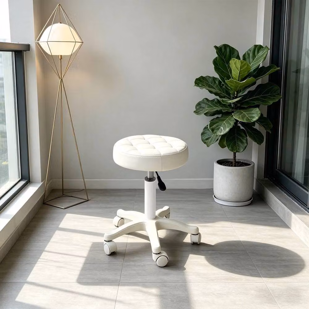 KORVIXA White Adjustable Round Rolling Office Stool with Synthetic Leather Seat and Castors – 4