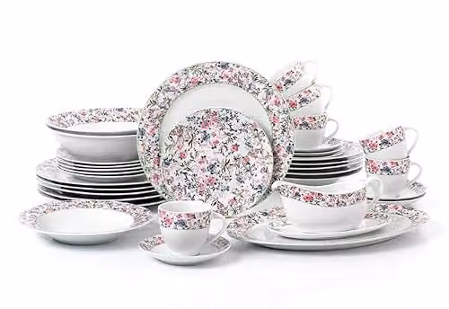 Waterside Fine China 35 Piece Floral Porcelain Dinner Service in Pink and White