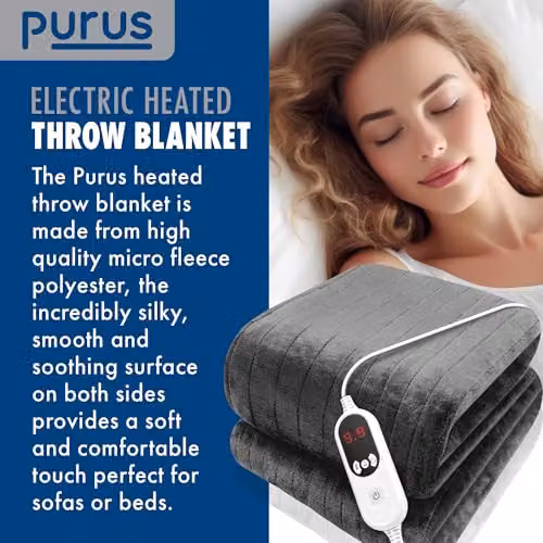 Purus Deluxe Grey XL Electric Heated Throw with Soft Fleece, Variable Heat and Timer Settings – 5