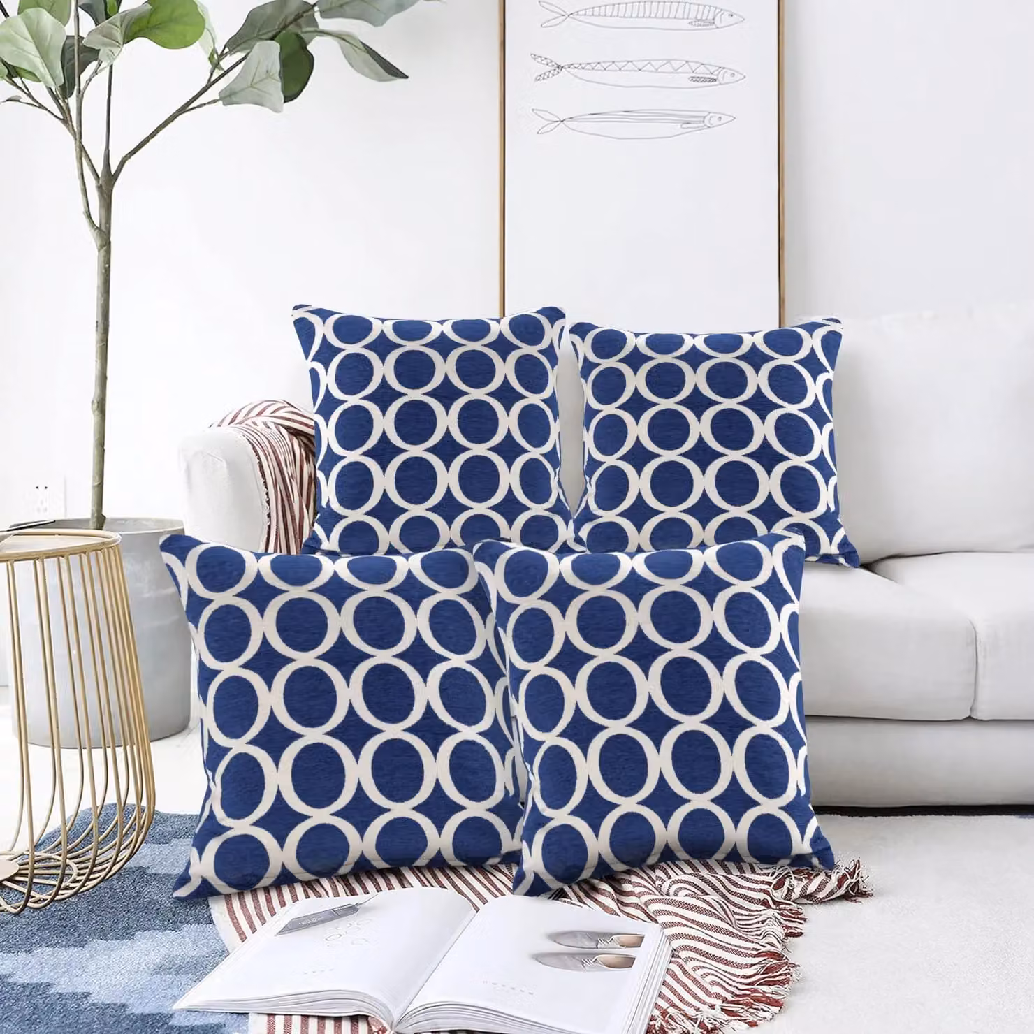 Luxor Living Set of 4 Blue Chenille Square Cushions, W x D: 45 x 45 cm – 4