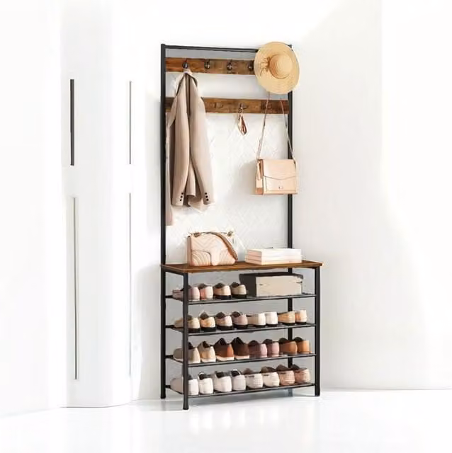 Modcraft Industrial Hall Tree with Bench and Shoe Storage in Brown