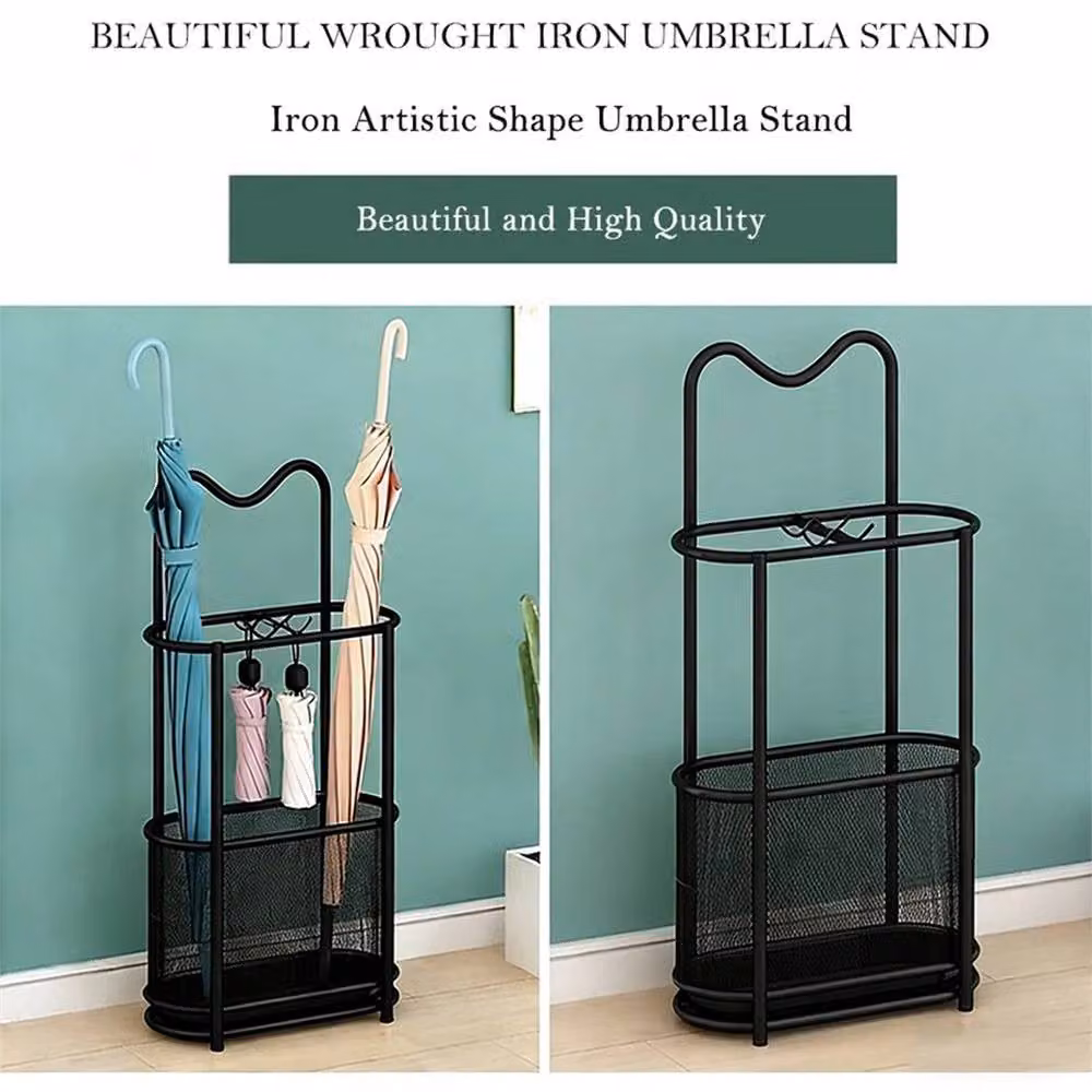 Nordara Black Metal Freestanding Umbrella Stand with Removable Drip Tray and Hooks, H 100 cm x W 15 cm x D 15 cm – 3