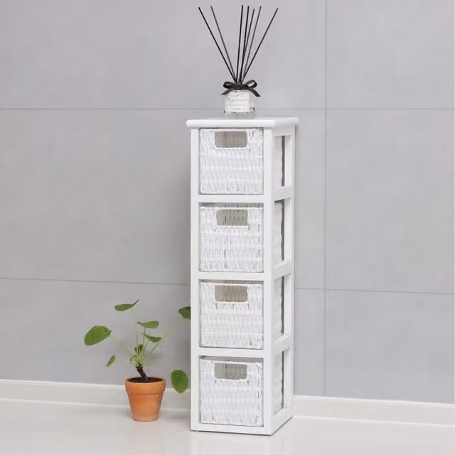 Home Source Lopera 4 Drawer Rattan Tower Storage Unit in White