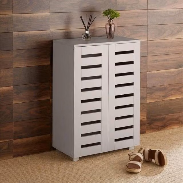 Nordara Grey Wooden 2 Door Shoe Cabinet with Slatted Hinged Doors, W/D/H: 100 x 100 x 100 cm