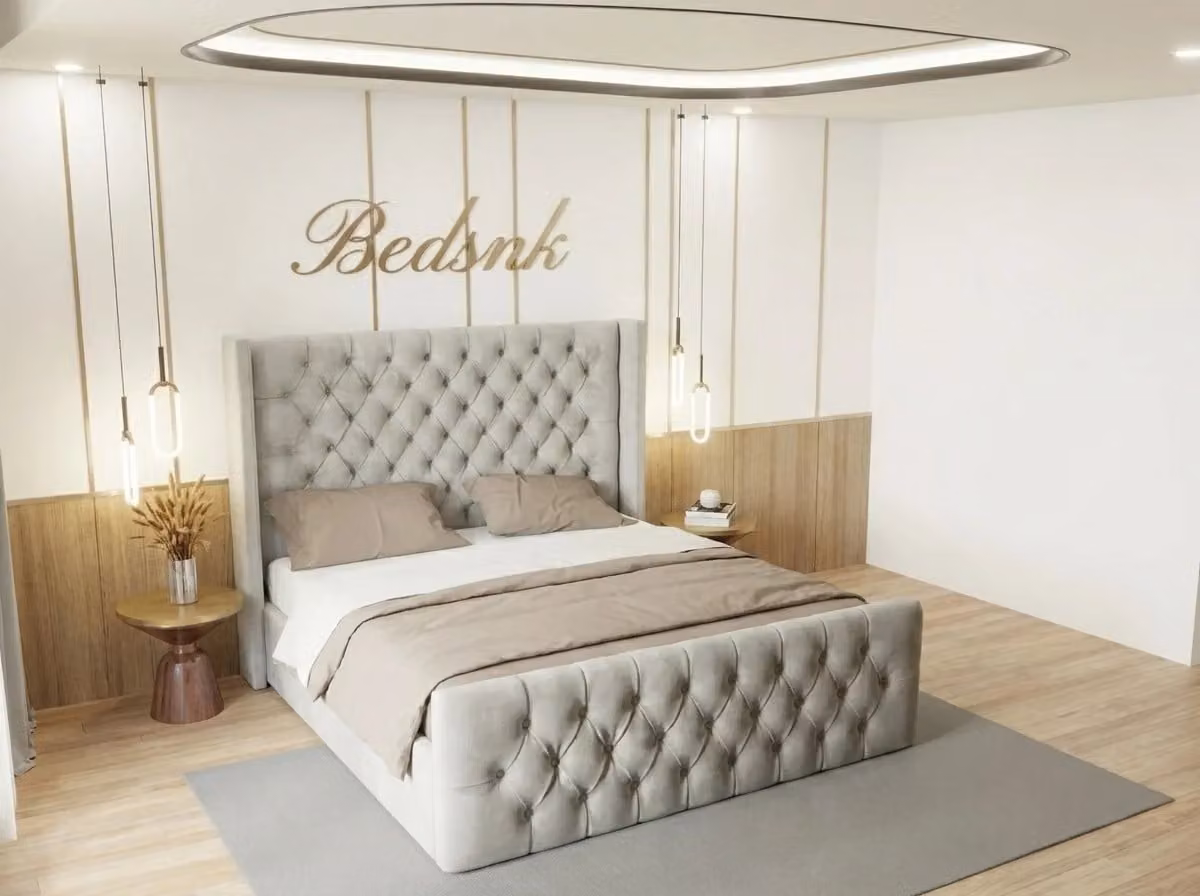 Manhattan Upholstered Fabric Bed Frame by Beds NK Ltd in Beige