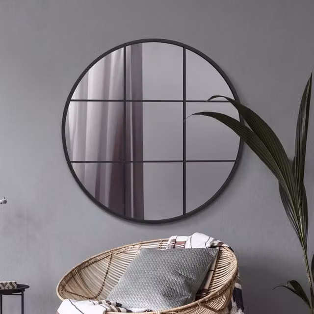 MirrorOutlet Circulus Modern Round Metal Framed Wall Mirror in Black, Diameter: 100 cm