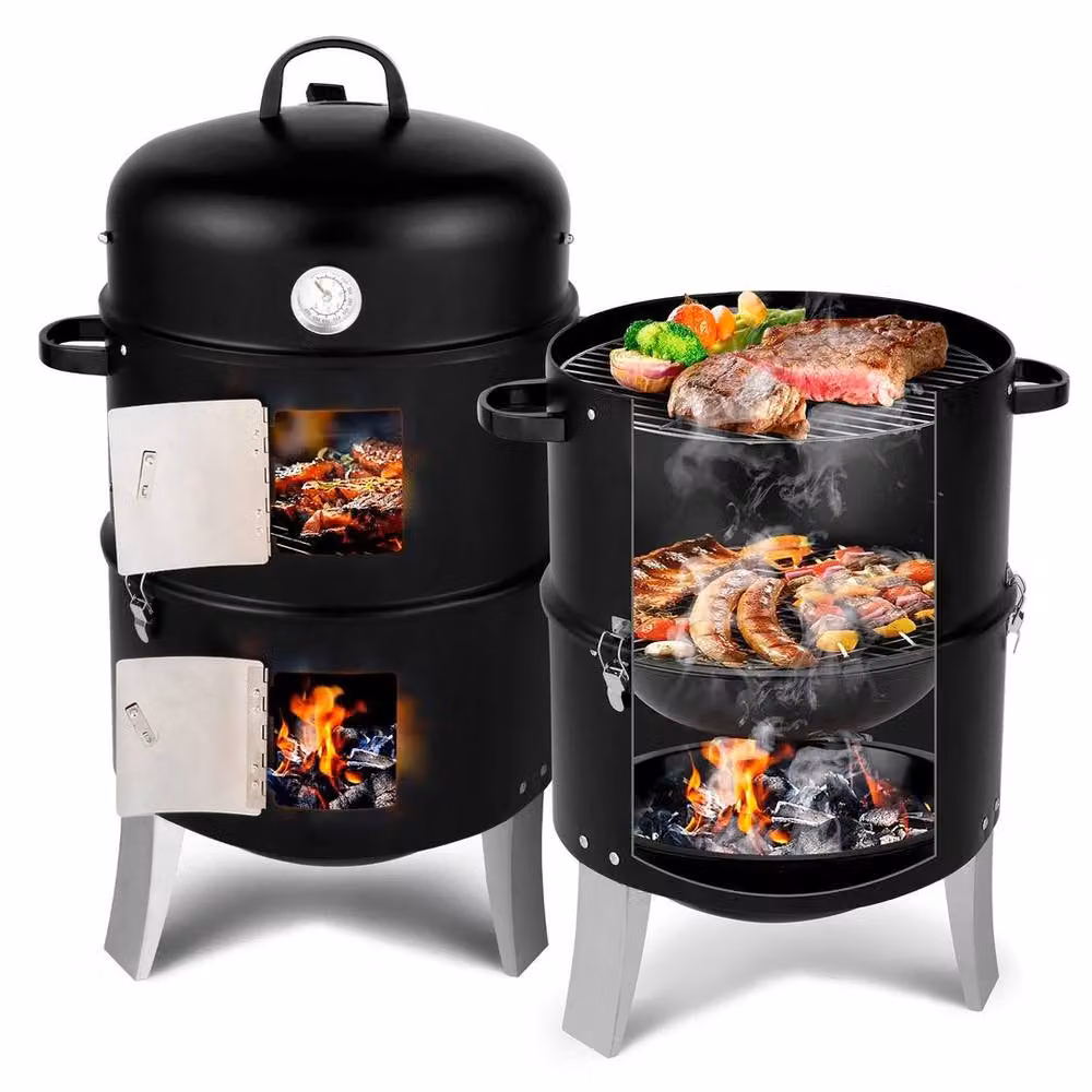 FLAVORA 3-in-1 Vertical Portable Charcoal Smoker Grill, Black Steel Column Design – 3