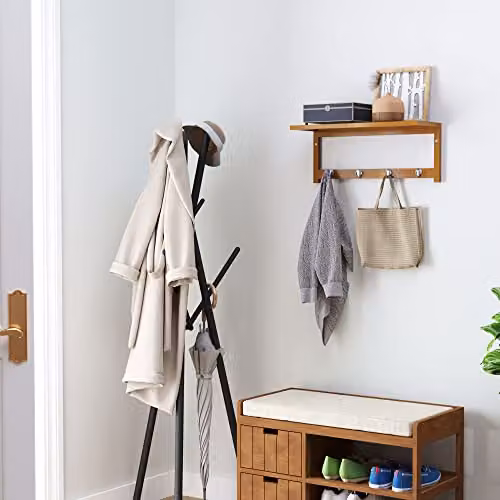 HOMCOM Wall Mounted Bamboo Coat Rack with 4 Hooks, Rail and Storage Shelf in Brown – 2