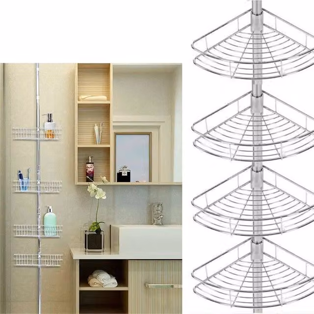Nordara 4 Tier Telescopic Corner Bathroom Shower Caddy Storage Shelf in Silver