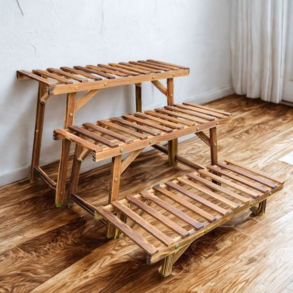 FURNOS 3 Tier Bamboo Step Plant Stand in Brown – 3