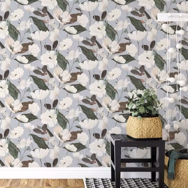 Erismann Floral Botanical Wallpaper in Grey, Green and Pink
