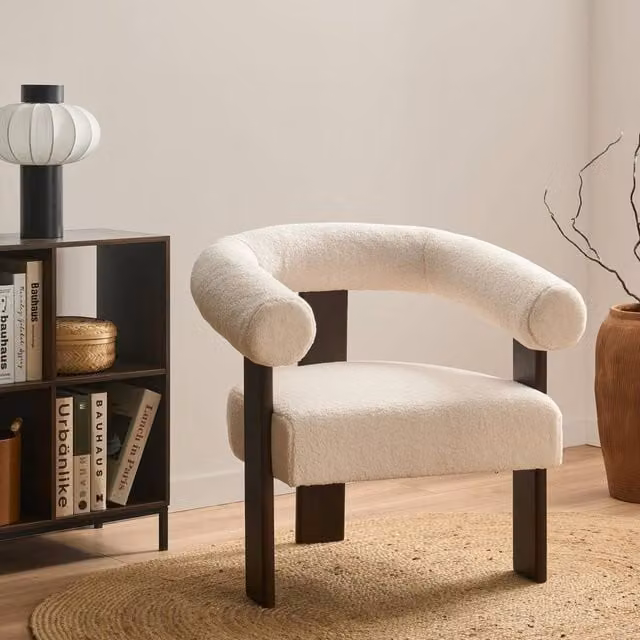 Wyld and Coco Off-White Bouclé Armchair with Brown Rubberwood Legs and Retro Design – 1